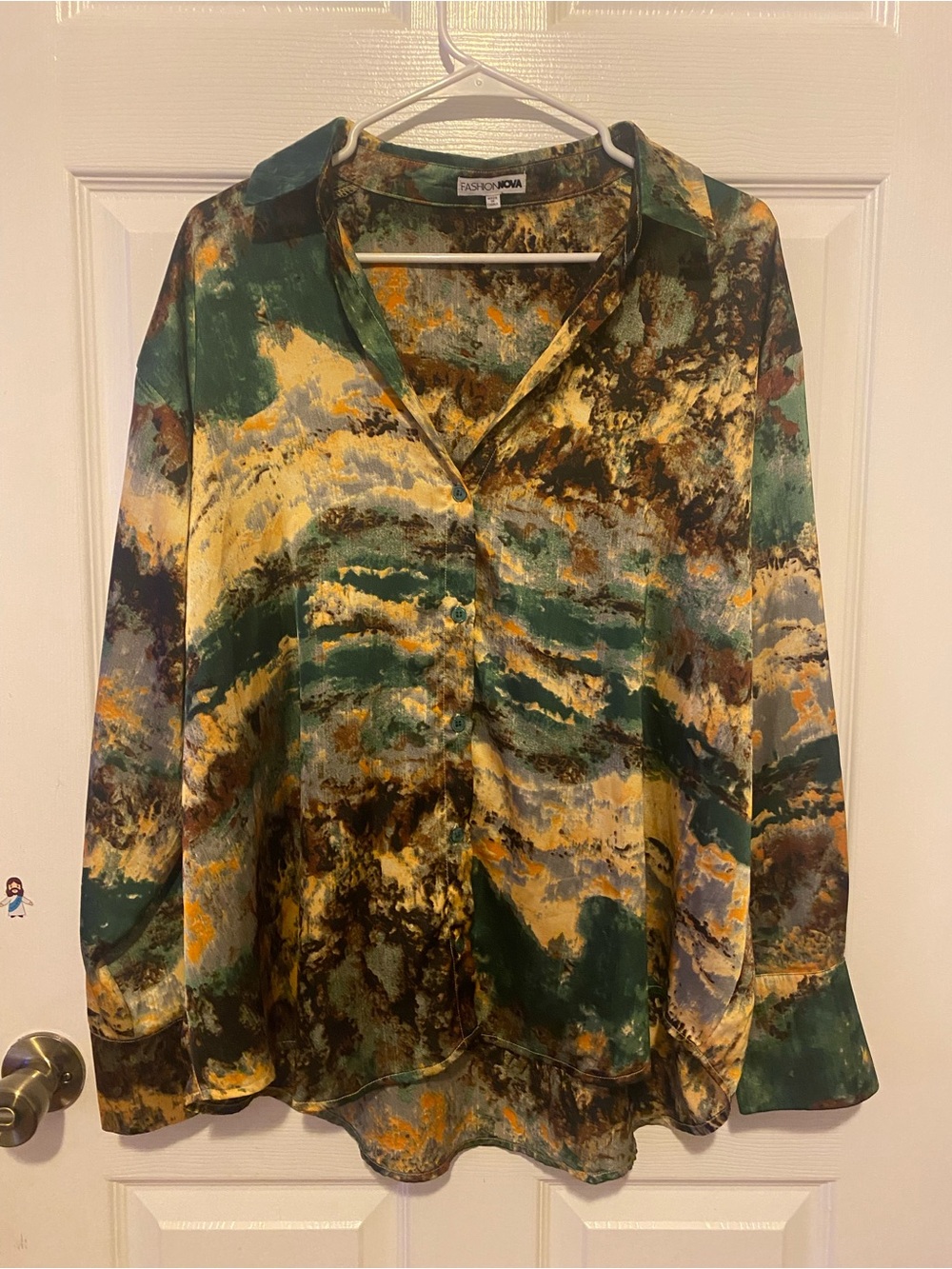 Fashion Nova Multicolor Abstract Button-Down Shirt in Green, Yellow & Brown